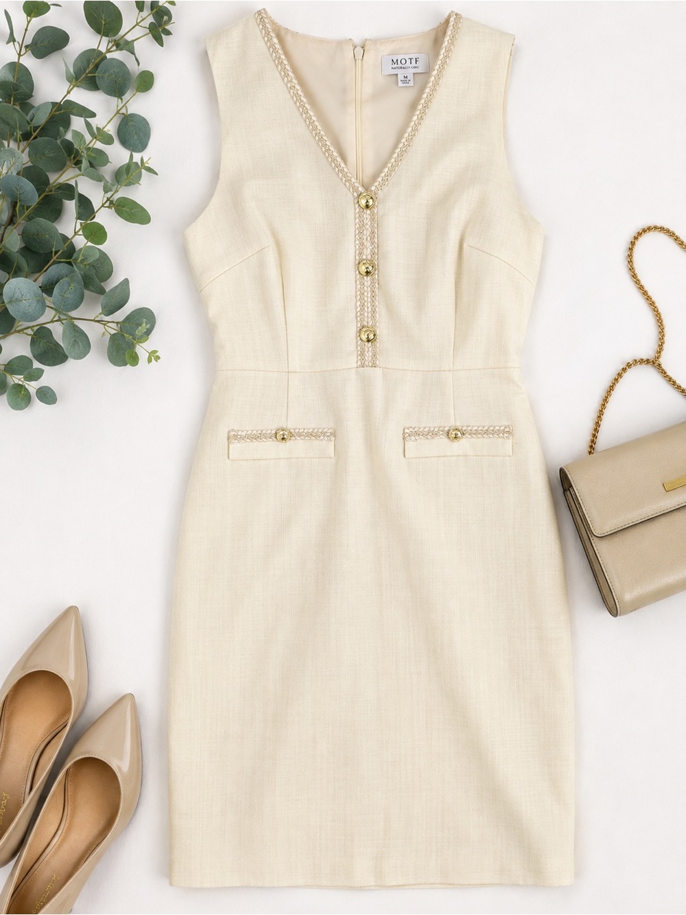 MOTF Cream V-Neck Sheath Dress with Gold Button Trim